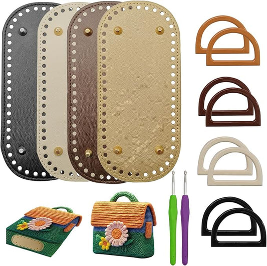 4+8 PCS Bag Bases for Crochet with D Shape Purse Handles for Bag Making, 2 PCS Crochet Hooks, 4 Colors Leather Purse Bottoms for Crocheting DIY