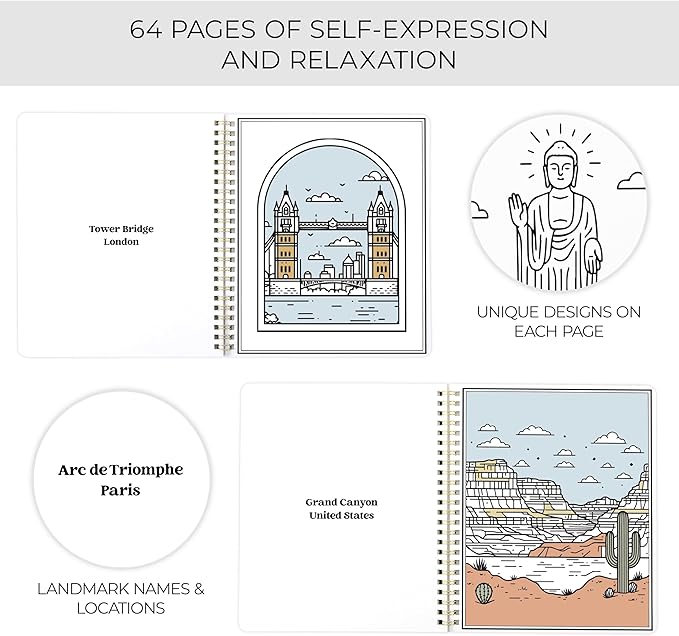Beautiful Adult Coloring Book Set of 2 for Relaxation - Inspirational Adventures and Sightseeing Spots for The Spirit of Wanderlust - Perfect Stress-Relieving Gift for Women