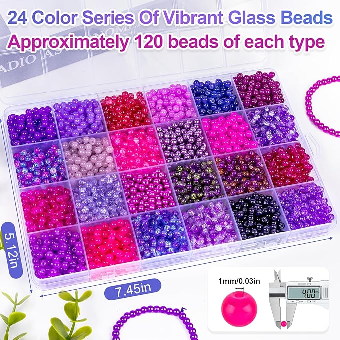 XSEINO About 2800 PCS 4mm Glass Beads Bracelet Making Kit,24 Assorted Violet Elegant Series Colorful Crystal Beads for Bracelet and Jewelry Making and DIY Crafts,Friendship Bracelets