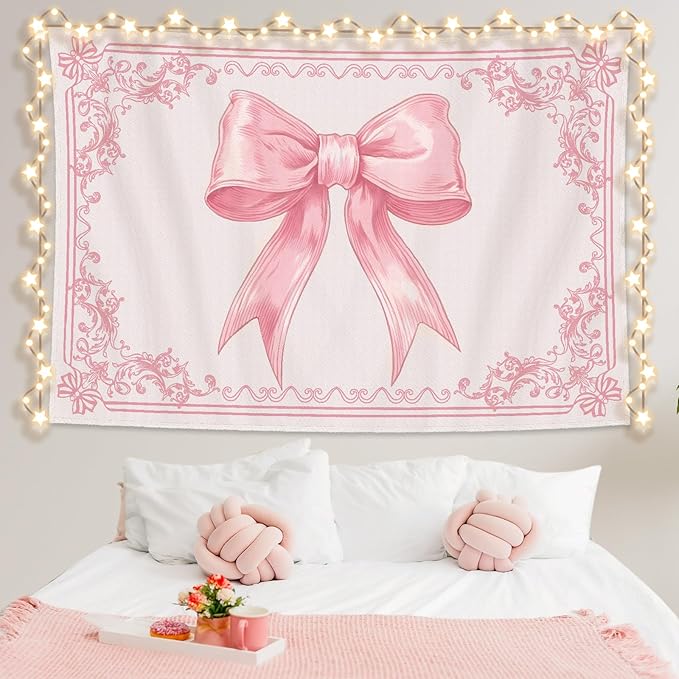 HunnmingRe 60" x 40" Pink Tapestry Coquette Pink Aesthetic Bedroom Hanging Wall Art Preppy Tapestry Decor Kit Cute Room Decoration for Women Girls Room Dorm Apartment(Bow)