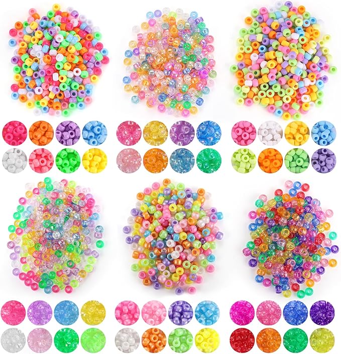 3400Pcs Pony Beads Bulk, 48 Colors Plastic Pony Beads for Bracelets Jewelry Making, Funtopia Kandi Beads for Craft DIY Project, Rainbow Hair Beads for Braids for Girls, 6 Color Series, 6x9 mm