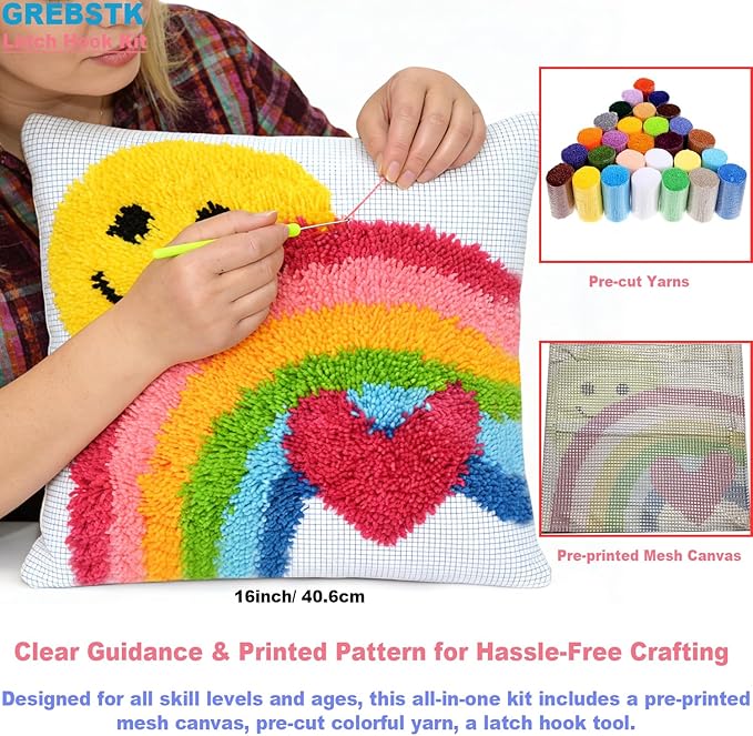 GREBSTK Latch Hook Kit DIY Throw Pillow Cover Sofa Cushion Cover Sun & Rainbow Pattern Paint Cross Stitch 16X16 inch