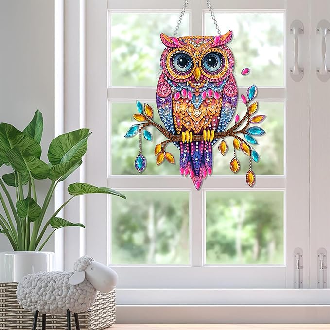 SKRYUIE Owl Hanging Diamond Art Kits for Adults Pendant Suncatcher, Special Shaped Crystal DIY Pearl Diamond Painting Kit, Gift for Mother Spring Summer Window Wreath Decor 7.49 x 6.7 Inch A30