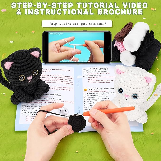 Fortuning's JDS Crochet Kit for Beginners, Cat Crochet Kits Complete Starter Kit with Step-by-Step Video Tutorials, Knitting Kit Adults, DIY Craft Gift for Birthday, Valentine's Day, Christmas