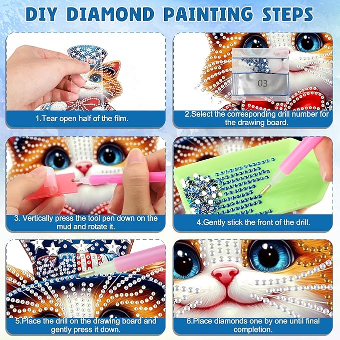 DOMROM 4TH of July Diamond Art Hanging Kit for Adult, Cat Diamond Art Hanging Kit, Patriotic DIY Diamond Art, Independence Day Diamond Hanging Pendant, Window Pendants Garden Wall Hanging Ornament