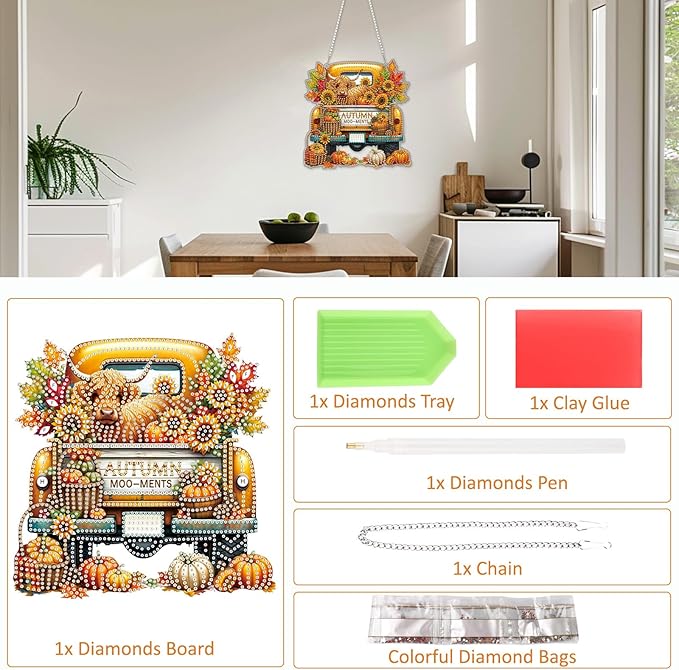 SENQAO Cow Diamond Art Hanging Kits for Adults Kids, Acrylic Diamonds Painting Pendant Board Kits, Diamond Art Painting Window Pendants Home Garden Wall Hanging Kits Hanging Ornament（Truck Sunflower）