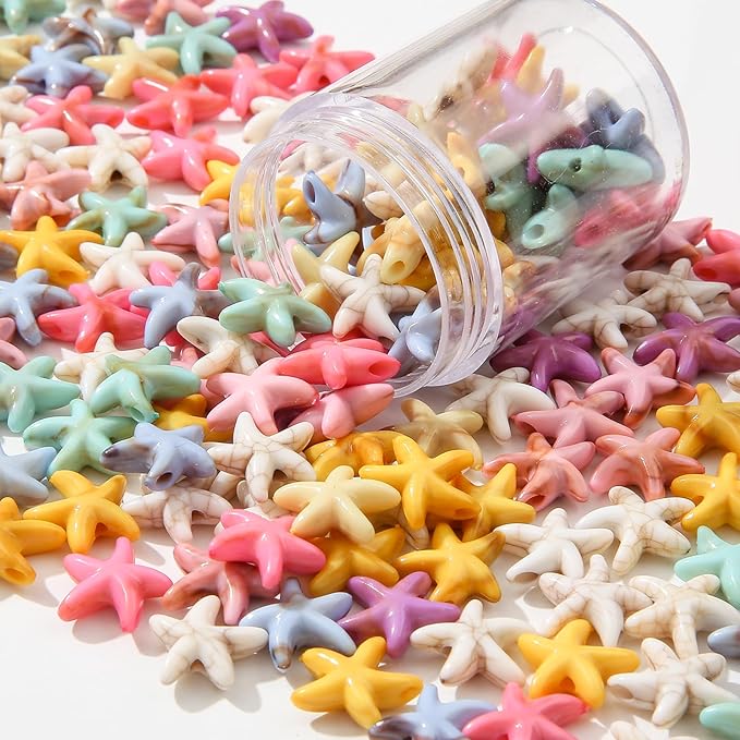 200pcs Acrylic Starfish Beads Ocean Sea Theme Turtle Charms Summer Hawaii Beaded for Jewelry Making Beading Kit Bracelets DIY Supplies (Color Starfish)