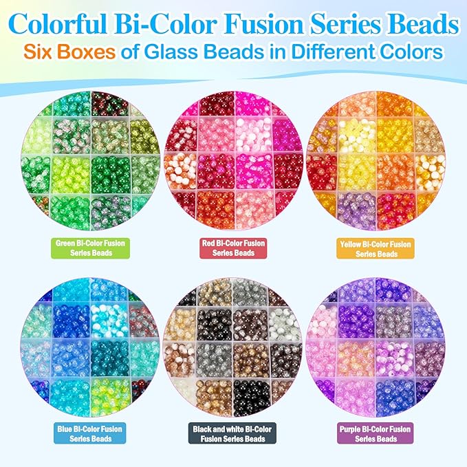XSEINO About 7200pcs 144 Colors 6mm Crackle Glass Beads Bracelet Making Kit,6Box Different Style Crack Series Colorful Crystal Beads for Bracelet Jewelry Making,DIY Crafts,Friendship Bracelets