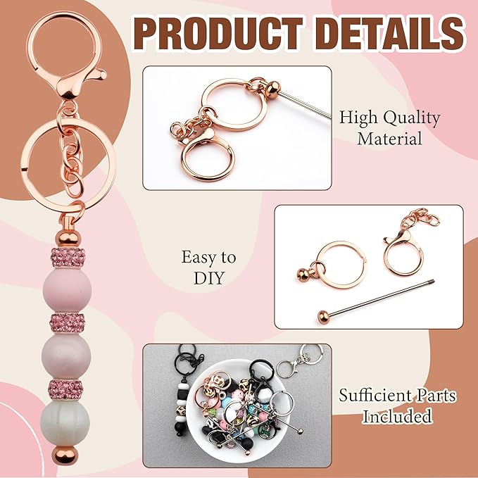 106pcs Beadable Keychains Set Bulk for Keychain Making Kit with Beadable Keychain Bar Silicone Beads Spacer Beads DIY Gifts for Women Men Crafts (Rose Gold)