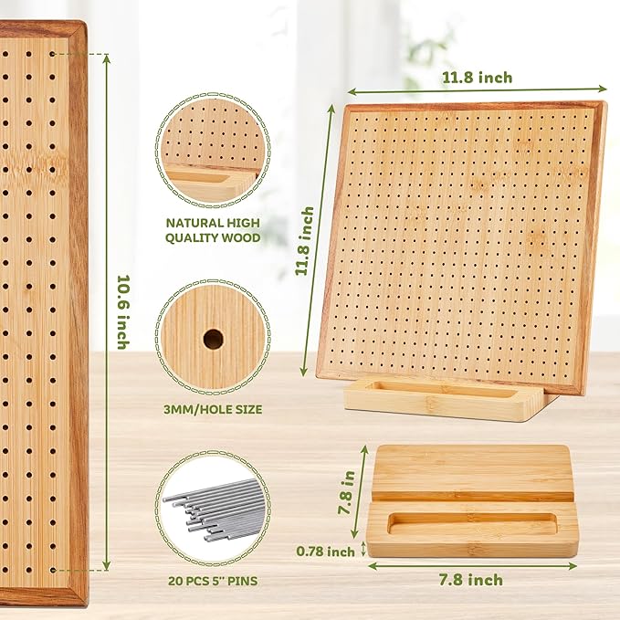 11.8" Crochet Blocking Board with 20 Pegs Pins, Granny Square Blocking Board for Crochet Projects, Bamboo Blocking Boards for Crocheting and Knitting, Wooden Gifts for Crocheter