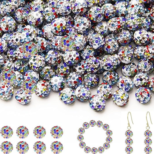 100 Pcs 10mm Rhinestone Beads for Jewelry Making, White Color Shiny Round Shamballa Disco Baseball Necklace Beads Sparkle Crystal Clay Pave Rhinestones Bead for DIY Bracelet Earring Making Supplies
