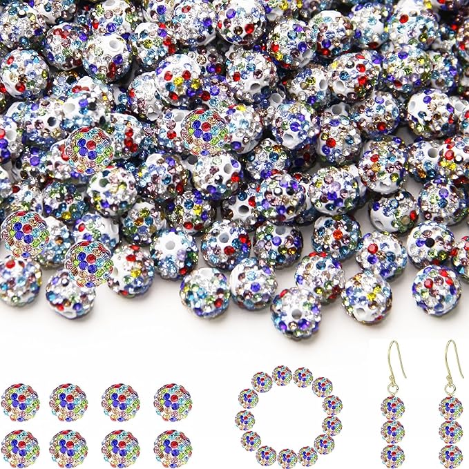 150 Pcs 10mm Rhinestone Beads for Jewelry Making, White Color Shiny Round Shamballa Disco Baseball Necklace Beads Sparkle Crystal Clay Pave Rhinestones Bead for DIY Bracelet Earring Making Supplies