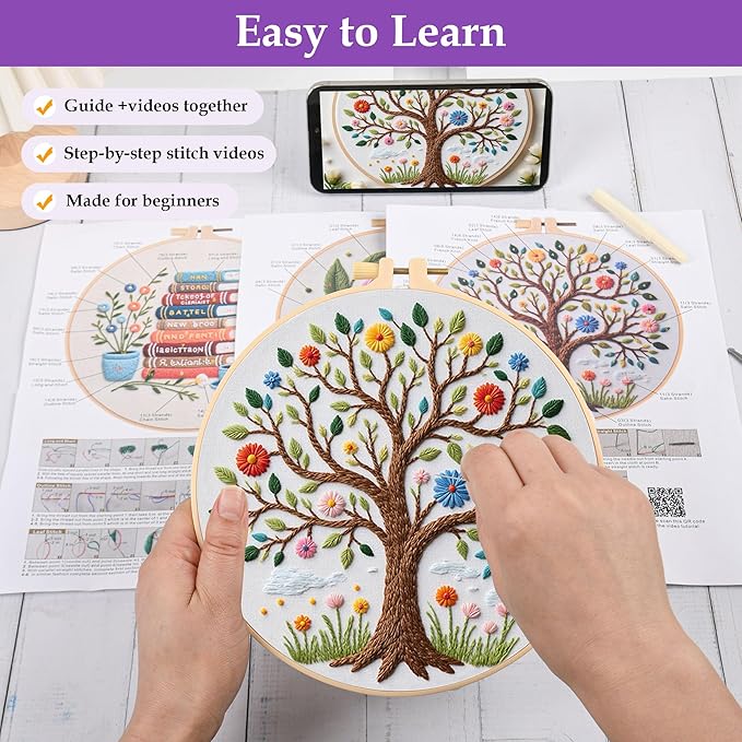 3 Sets Embroidery Kit for Beginners with Stitch Video, Flower Butterfly Tree Books Cross Stitch Kits for Adults, Needle Point Kits with Stamped Pattern, Hoop, Needles, Tools, DIY Arts and Crafts