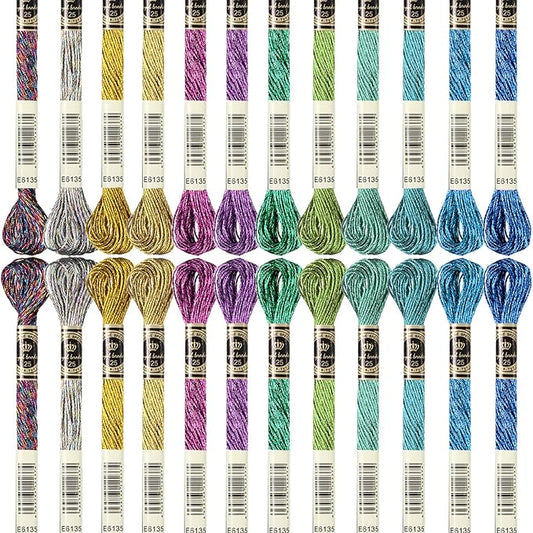 WILLBOND 24 Pcs Metallic Embroidery Floss Cotton Stitch Embroidery Thread Skein Threads Glitter Embroidery Thread Cross Stitch Thread for Friendship Bracelets DIY Thread Crafts(Classic Color)