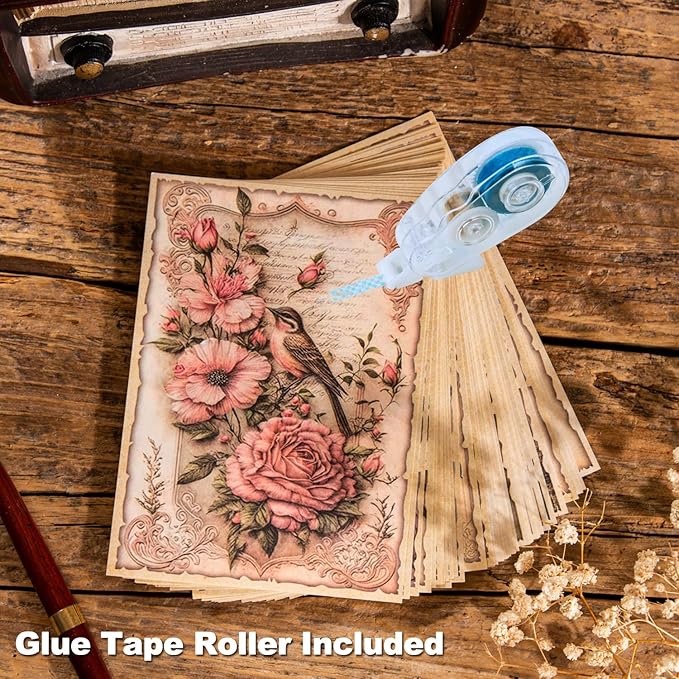 180Pcs Vintage Flower Scrapbook Paper, Ephemera Pack for Journaling and Junk Journal Supplies, Scrapbooking Kit with Glue Tape