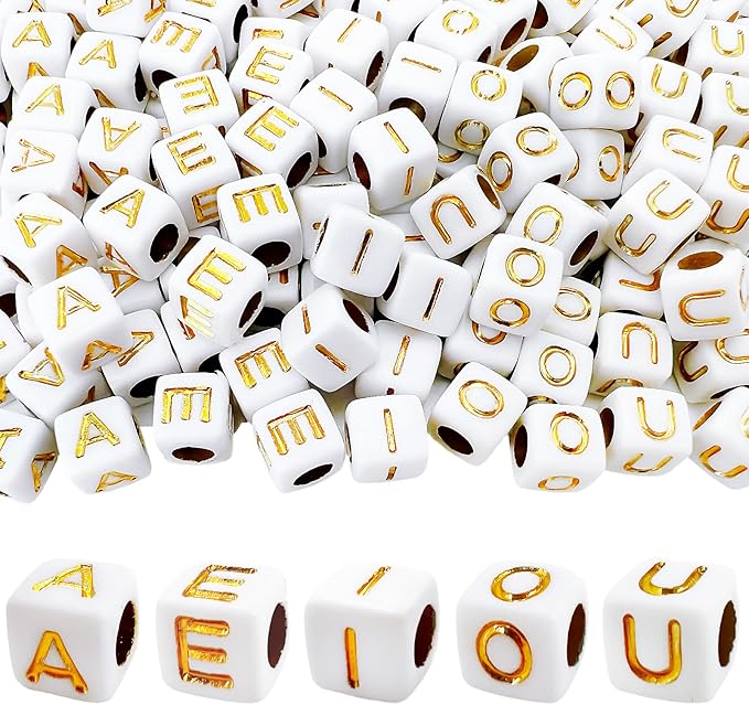 MIIIM 500pcs Vowel Pony Letter Beads for Keychains Making (A, E, I, O, U), 6x6mm Large Hole Square Letter Beads for Bracelets Making, Alphabets, Numbers (White and Golden)