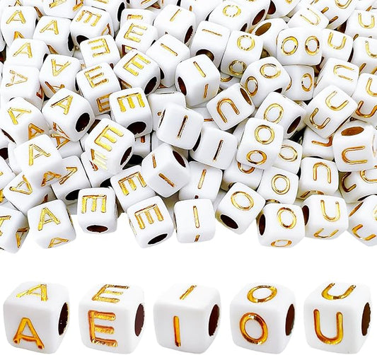 MIIIM 500pcs Vowel Pony Letter Beads for Keychains Making (A, E, I, O, U), 6x6mm Large Hole Square Letter Beads for Bracelets Making, Alphabets, Numbers (White and Golden)