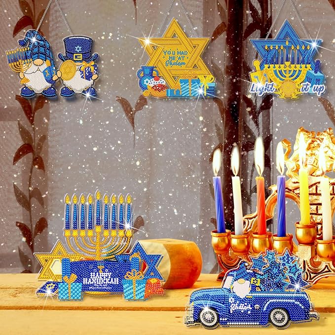 Zonon 6 Pcs Hanukkah Diamond Art Painting Hanging Sign Set Hanukkah Star Diamond Art Adults 5d DIY Craft Acrylic Pendant Ornaments Kits for Home Wall Door Window Decor