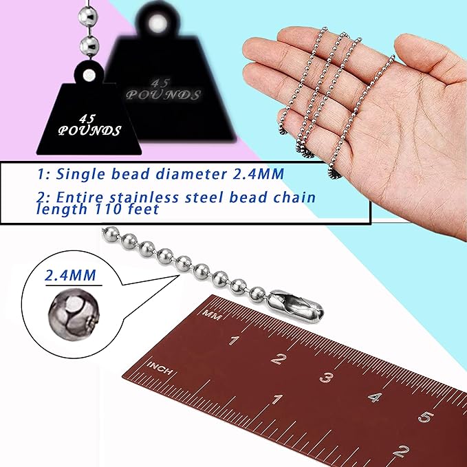 2.4mm Ball Bead Chain, Extra Long 110ft Stainless Steel Necklace Chains,Dog Tag Chain with 200 Connectors Clasps for Jewelry Chain DIY Craft Making,Men Military Keychain Jewelry Making Supplies