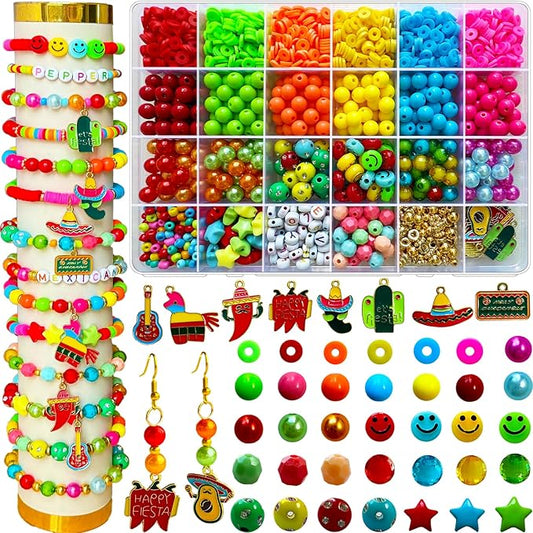 2200PCS+ Cinco De Mayo Fiesta Beads Mexican Beads for Bracelets Jewelry Making Kit, Colorful Polymer Clay Beads Assorted Pearl Crystal Acrylic Star Beads with Sombrero Chili Cactus Fiesta Charms
