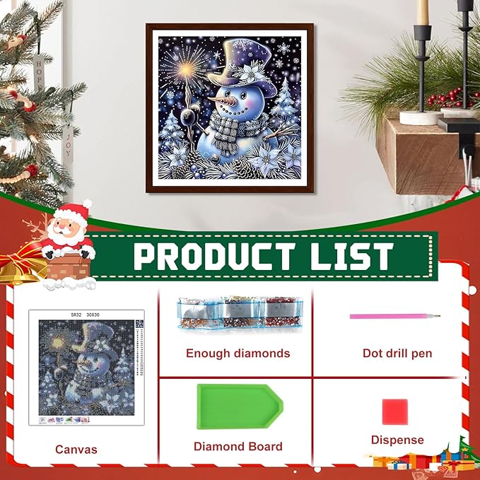 EMIEAUFG Christmas Diamond Art Kits for Adults, Christmas Snowman Diamond Paiting Kit for Beginners, 5D DIY Round Full Drill Craft Diamond Dot Gem Art, Home Wall Decor 12" x 12"