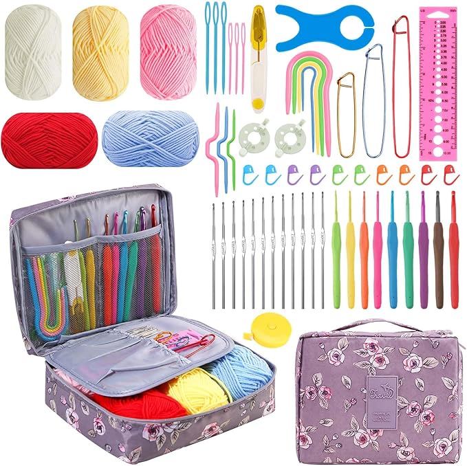 HATINXIA 58pcs Crochet Kit Beginners, Crochet Hook Set with Yarn, Portable Crocheting Kit for Starter, Ergonomic Crochet Needles Tools DIY Knitting Accessories for Experienced Crochet Lovers, Purple