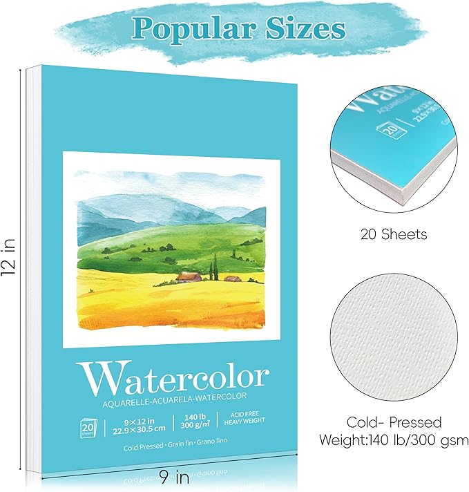 Watercolor Pad for Painting Practice,9"x12",Cold Pressed,Acid Free,Pad for Watercolor Paint,Pencil,Ink,Pastel and Acrylic,Watercolor Sketchbook,20 Sheets,White