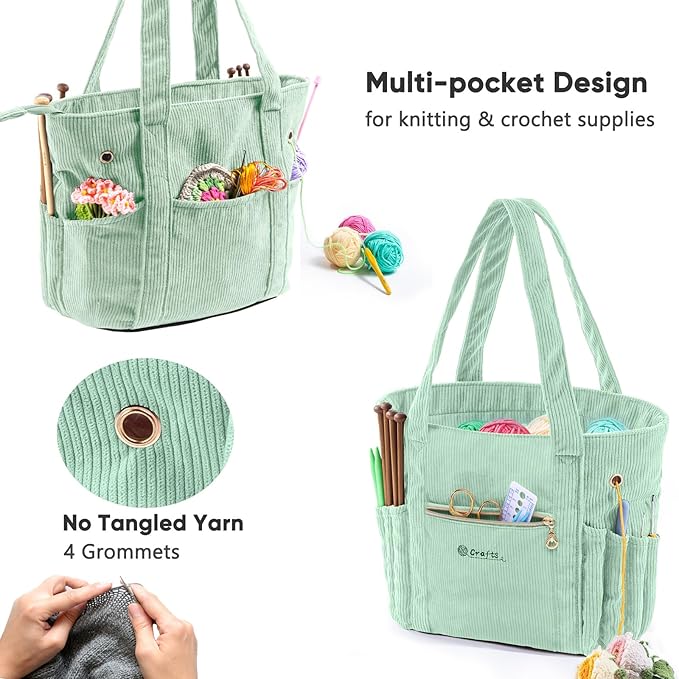 Corduroy Crochet Bag 11.5" Large Yarn Storage Tote with Grommets, Needle Holders – Knitting Bag Organizer for Crochet Hooks, Accessories, Tools & Projects –Gift for Knitters & Crafters