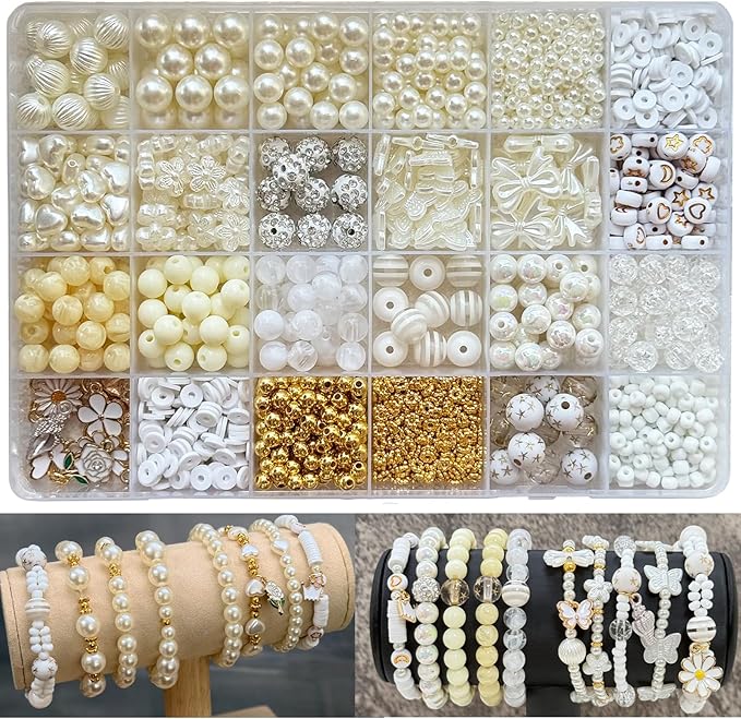 1900PCS Pearl Beads for Bracelets, Beige Acrylic Round Beads for Jewelry Making Gold Spacer Bead Pumpkin Heart Flower Bow Buterfly Bead Flower Charms for DIY Crafts