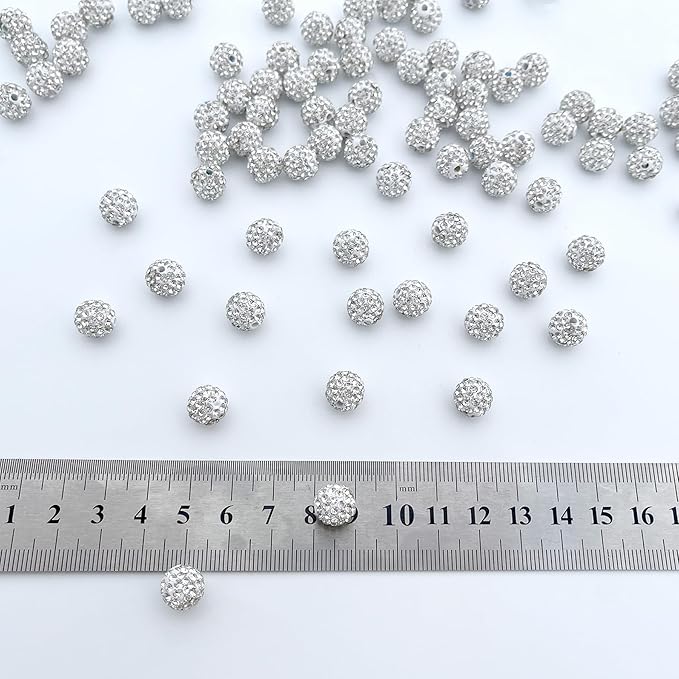 100 pcs 10mm Rhinestone Beads for Jewelry Making, White Shiny Round Disco Ball Beads, Bulk Clay Rhinestone Bead Sparkle Crystal Diamond Bead for Bracelet Necklace Earring Crafting