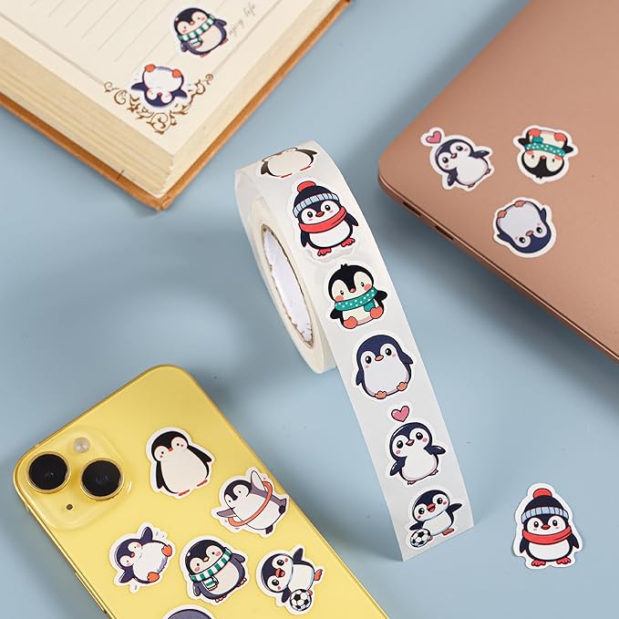 1000 pcs penguin stickers roll, 2 rolls 10 styles cute cartoon animal stickers for kids, teachers, school rewards, scrapbook, envelope seals, party favors, gift decorations