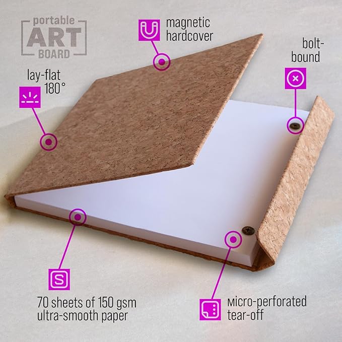 Magnetic Cork Hardcover Drawing Pad – Ultra-Smooth Thick Marker Paper 150 GSM, 70 Tear-Out Sheets, Sketch Pad for Pen and Ink, Artist Sketch Book (Light Cork, 8,5x7,7 inch)
