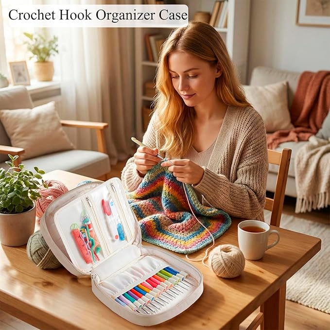 Crochet Hook Case, Lightweight Crochet Hook Organizer with Clear Zipper Pockets, Crochet Hook Holder for Knitting Needle Storage, Gift for Women and Crochet Enthusiasts (Light Brown)