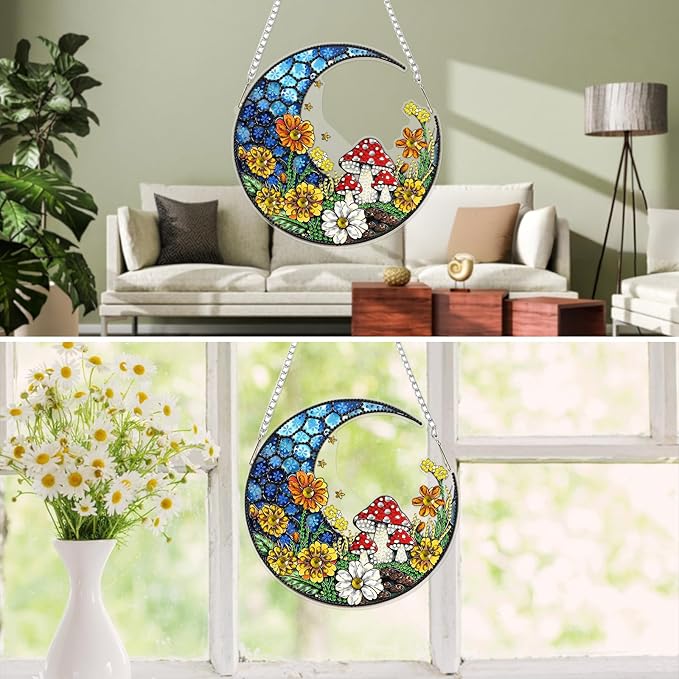MXJSUA Flower Mushroom Diamond Painting Art Window Suncatchers, Diamond Art Kits for Adults Hanging Ornaments with Chain, 5D Special Shape Crystal Diamond Pendant Accessories for Decor Gift 8x8 Inch