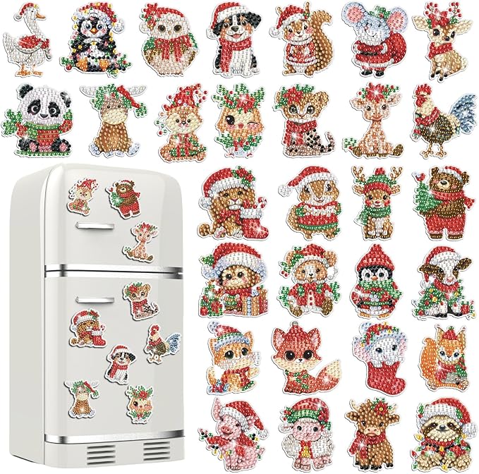 Xuhal 30 Pcs Christmas Diamond Painting Magnets Christmas Animal Diamond Art Magnet Kits for Adults Cute 5D Rhinestone Xmas Santa Hats Animal Refrigerator Magnetic Sticker for DIY Craft Fridge Gifts