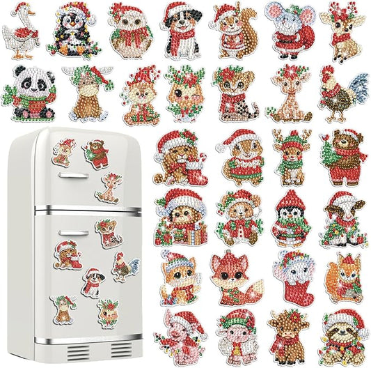 Xuhal 30 Pcs Christmas Diamond Painting Magnets Christmas Animal Diamond Art Magnet Kits for Adults Cute 5D Rhinestone Xmas Santa Hats Animal Refrigerator Magnetic Sticker for DIY Craft Fridge Gifts