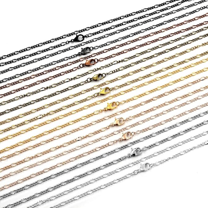 LANBEIDE 40 Packs 10 Colors Brass Necklace Chains - 21" Flat Oval Links Cable Chain, 3mm with Lobster Clasps for Jewelry Making