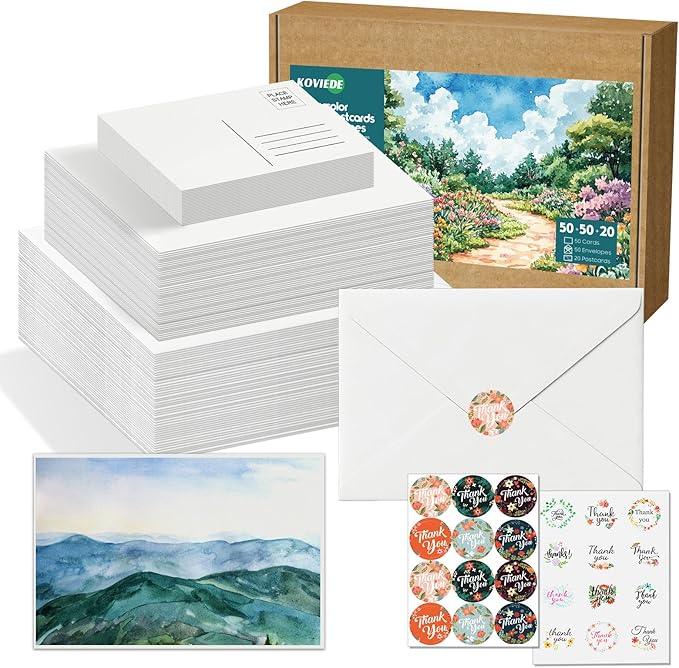 50 Blank Watercolor Cards with Envelopes 4"x6", 20 Watercolor Postcards 4"x6" 140lb/300gsm 100% Cotton Water color Acid-Free Paintable DIY Greeting Card Set