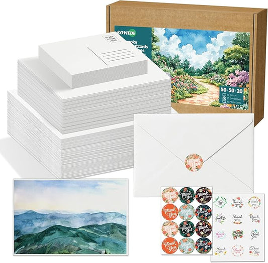 50 Blank Watercolor Cards with Envelopes 4"x6", 20 Watercolor Postcards 4"x6" 140lb/300gsm 100% Cotton Water color Acid-Free Paintable DIY Greeting Card Set