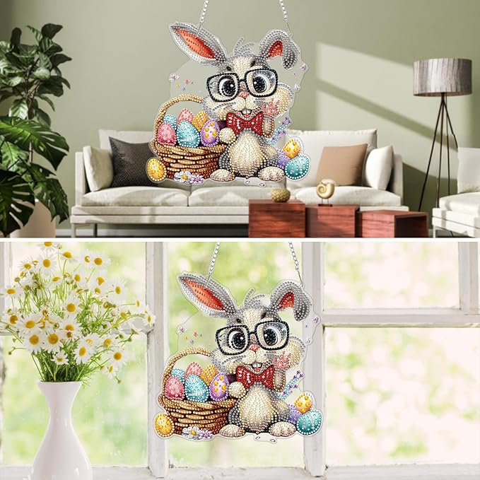 MXJSUA Happy Easter Bunny Diamond Art Hanging Kits for Adults Beginners, Crystal Diamond Suncatchers, Special Shape Diamond Painting Pendant Window Ornament Gifts for Home Garden Door Wall Decor