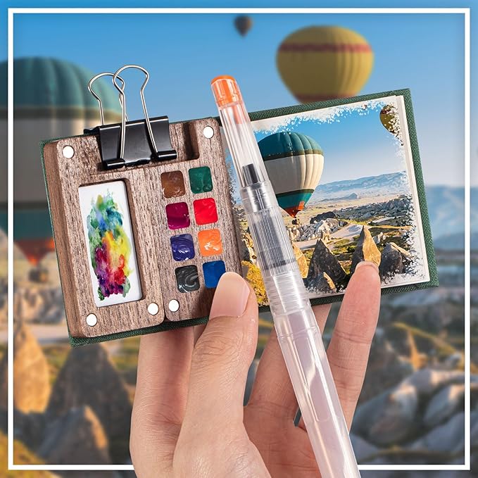 Qilery Mini Portable Watercolor Palette Set Wooden Grid Paint Box Watercolor Paper Sketch Book Brush Pens with Binder Clip for Painters Artist Not Include Paint(Pine Green)