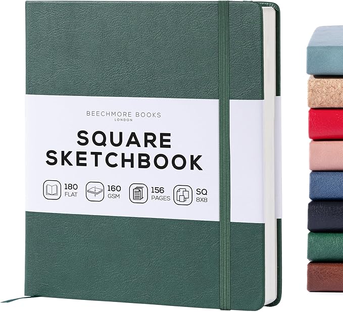 Beechmore Books Square Mixed Media Sketchbook - 8x8 Inch Professional Art Journal, 160 GSM / 98 lb Ivory Paper, Perforated Pages, Vegan Leather Hardcover, Lay-Flat Design for Drawing & Doodling