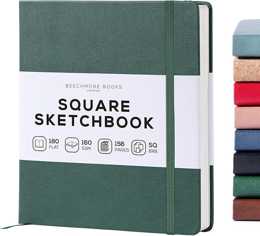Beechmore Books Square Mixed Media Sketchbook - 8x8 Inch Professional Art Journal, 160 GSM / 98 lb Ivory Paper, Perforated Pages, Vegan Leather Hardcover, Lay-Flat Design for Drawing & Doodling
