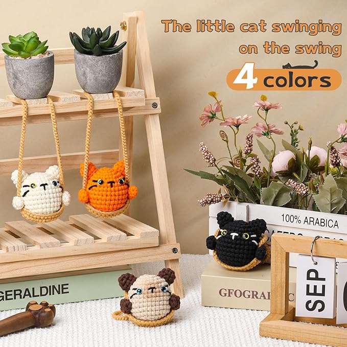 Kogyxe Crochet Kit for Beginners, Crochet Animal Kit for Decoration Car Hanging Ornament, Cat Knitting Kit with Yarn Crochet Hook, Crochet Starter Kit with Step-by-Step Video Tutorials