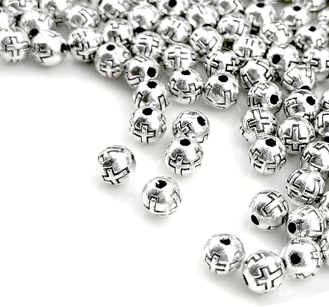 100pcs 6mm Silver Cross Beads – Engraved Zinc Catholic Rosary Beads for Jewelry Making, DIY Necklace, Bracelet & Rosary Accessories