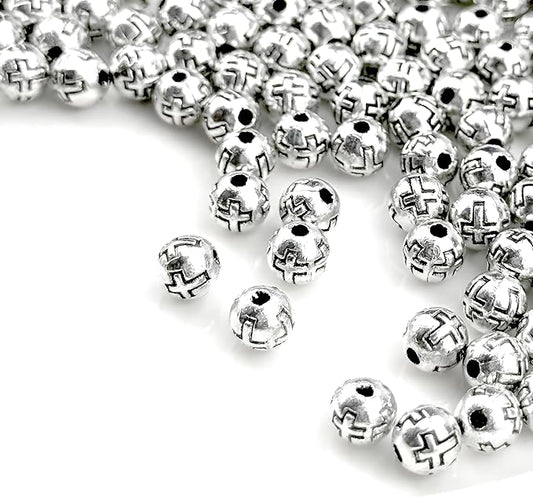 100pcs 6mm Silver Cross Beads – Engraved Zinc Catholic Rosary Beads for Jewelry Making, DIY Necklace, Bracelet & Rosary Accessories