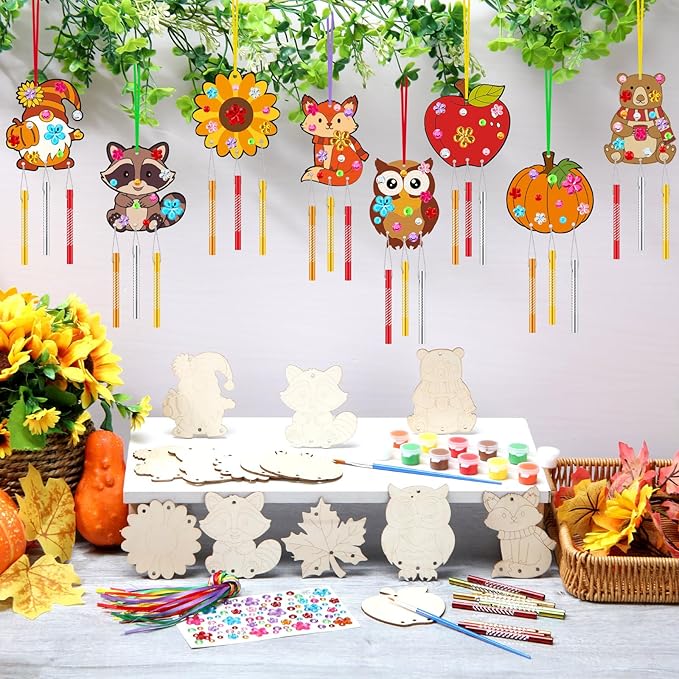 JellyArch 30 Pack Thanksgiving Wind Chime Making Kit for Adults Fall Pumpkin Leaf Animal DIY Wooden Crafts for Halloween Activity Birthday Party Decoration Gift