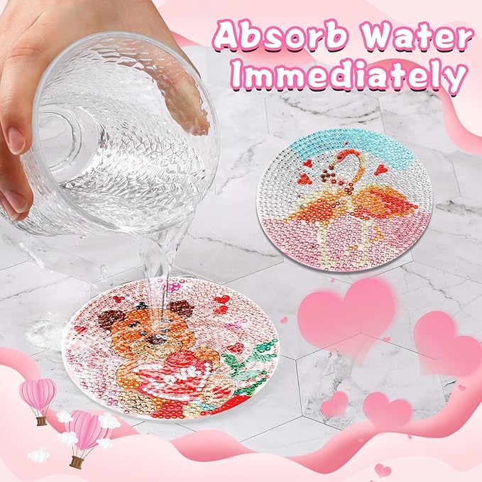 UPINS 8Pcs Valentine's Day Diamond Art Painting Coasters for Drinks DIY Life Coaster Diamond Art Kits for Adults Kids Beginners Diamond Art Craft Supplies