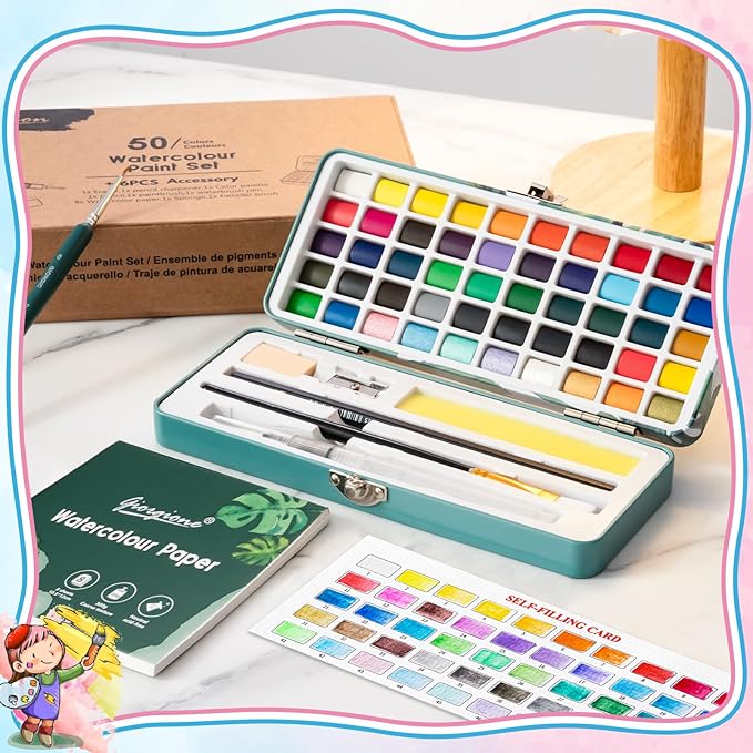 50 Colors Watercolor Paint Set, Watercolor Set with Watercolor Paper, Palette, Brushes, Water Color Art Supplies for Beginner Artists Adults Mothers Day Gifts for Mom