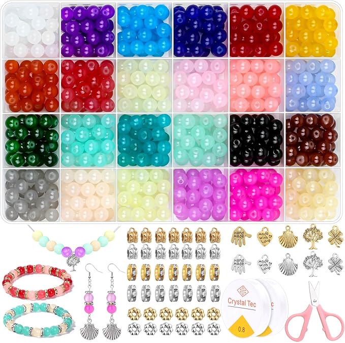 753 Pieces Glass Beads Bracelet Making Kit, Shynek 24 Color Glass Beads for Jewelry Making with Spacer Beads, Bail Tube Beads, Charms and Elastic String for Bracelets